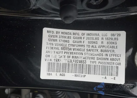 2020 Honda Civic Lx из США, поврежденный, VIN 19XFC2F63LE024653